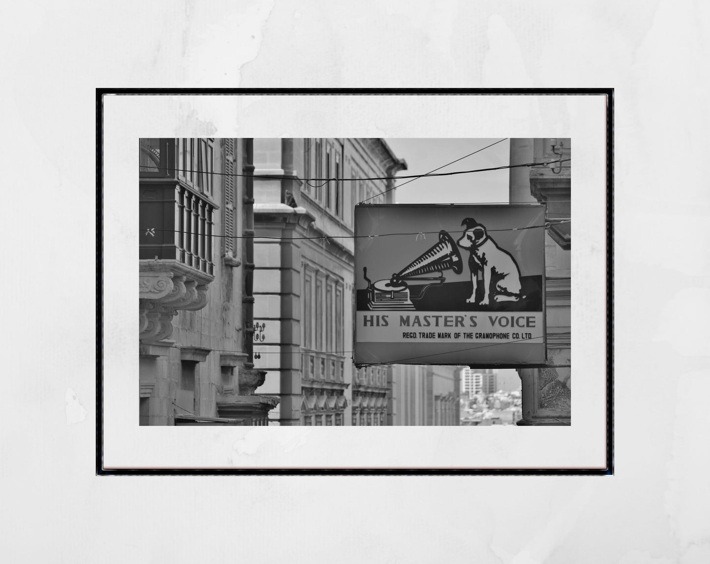 His Master's Voice HMV Poster D'Amato Records Valletta Malta Black And White Print