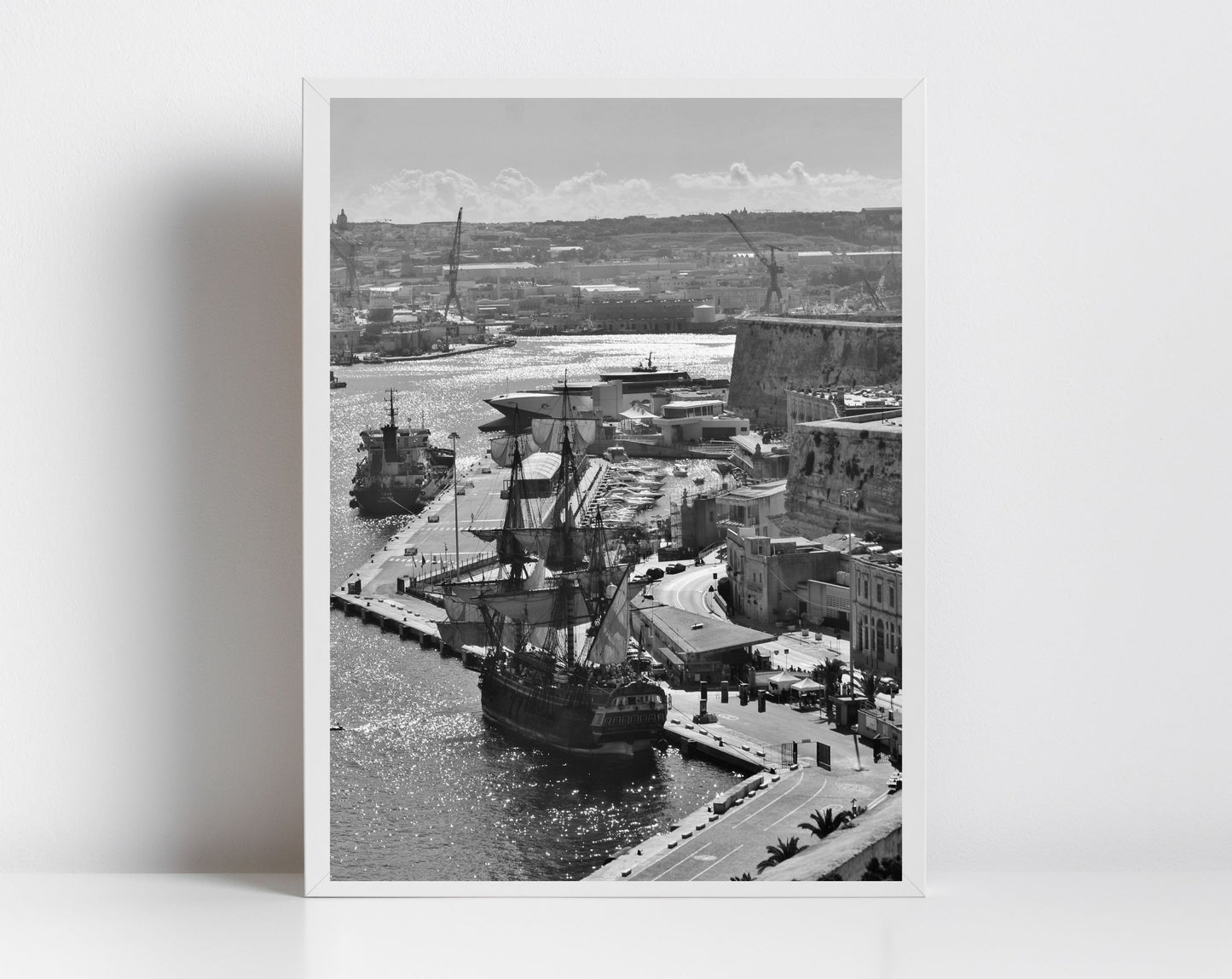 Malta Grand Harbour Black And White Photography Sailboat Print