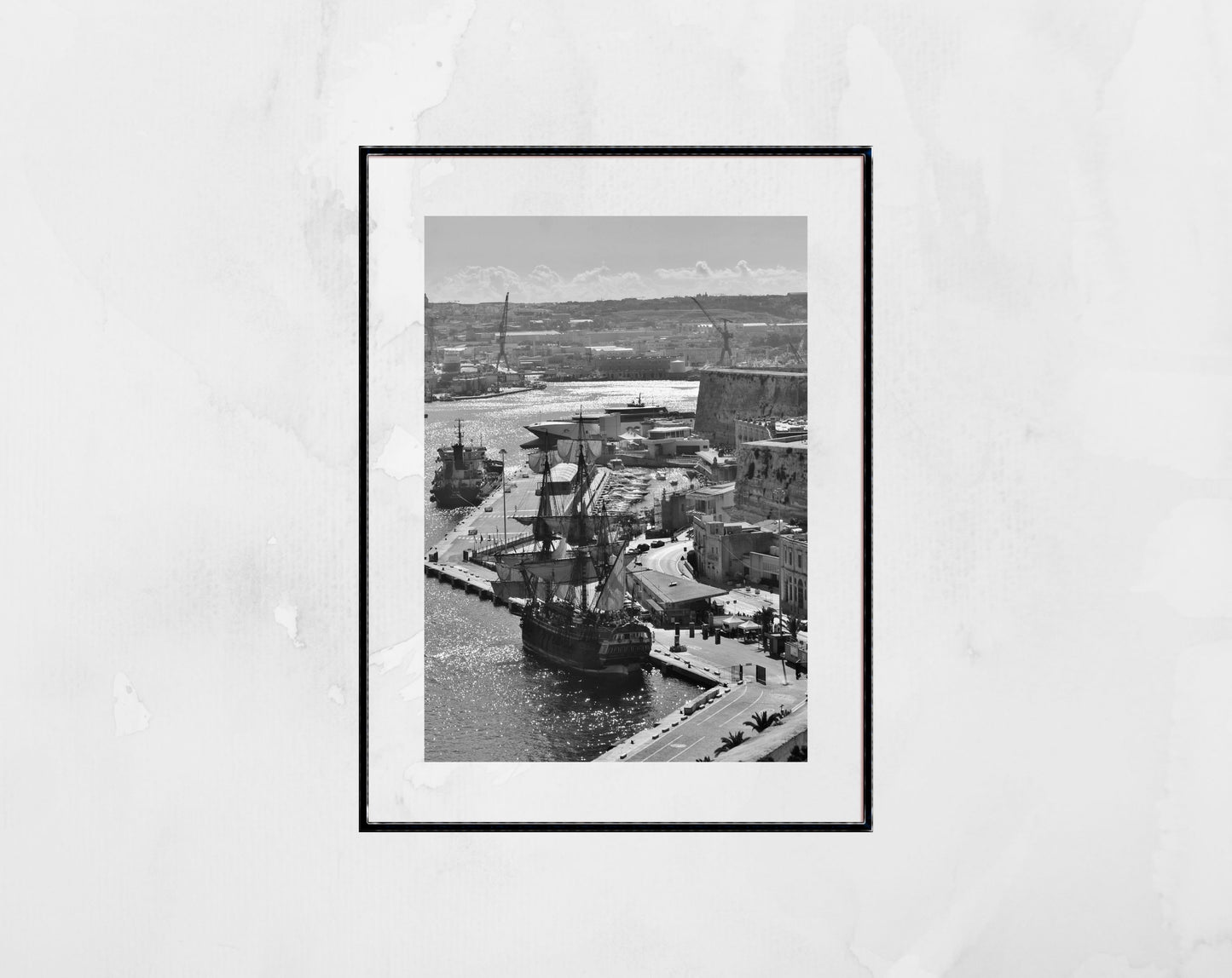 Malta Grand Harbour Black And White Photography Sailboat Print