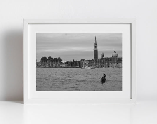 Venice Italy Fine Art Black And White Photography Print: Gondola on Venetian Lagoon