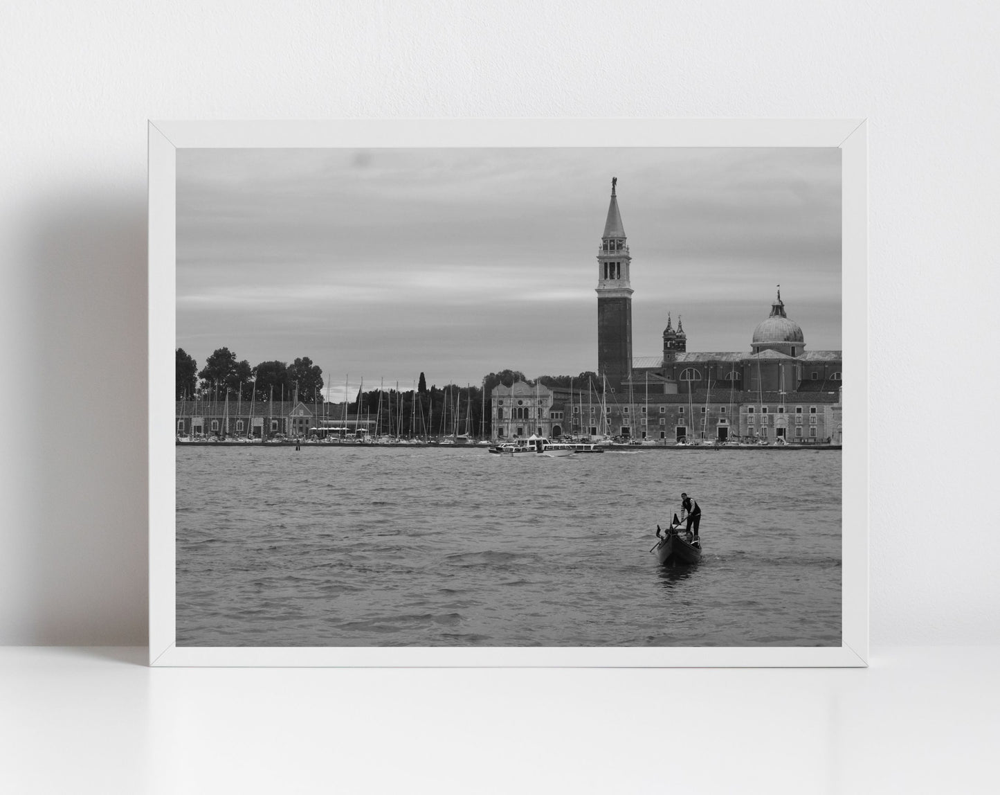 Venice Italy Fine Art Black And White Photography Print: Gondola on Venetian Lagoon