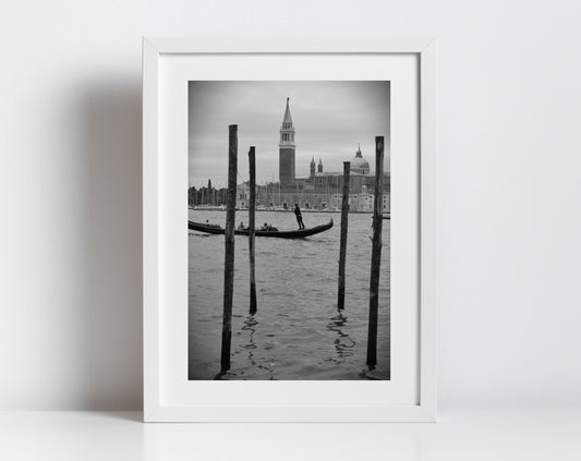 Venice Italy Fine Art Black And White Photography Print: Venetian Lagoon Gondola