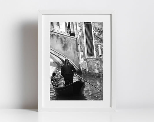Gondolier Venice Italy Fine Art Black And White Photography Print