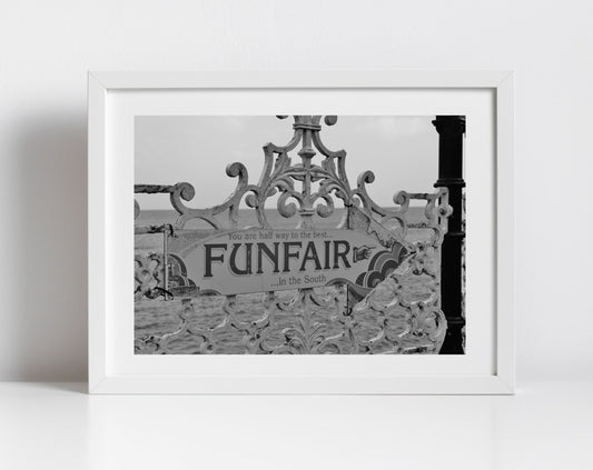 Funfair Sign Brighton Palace Pier Black And White Print