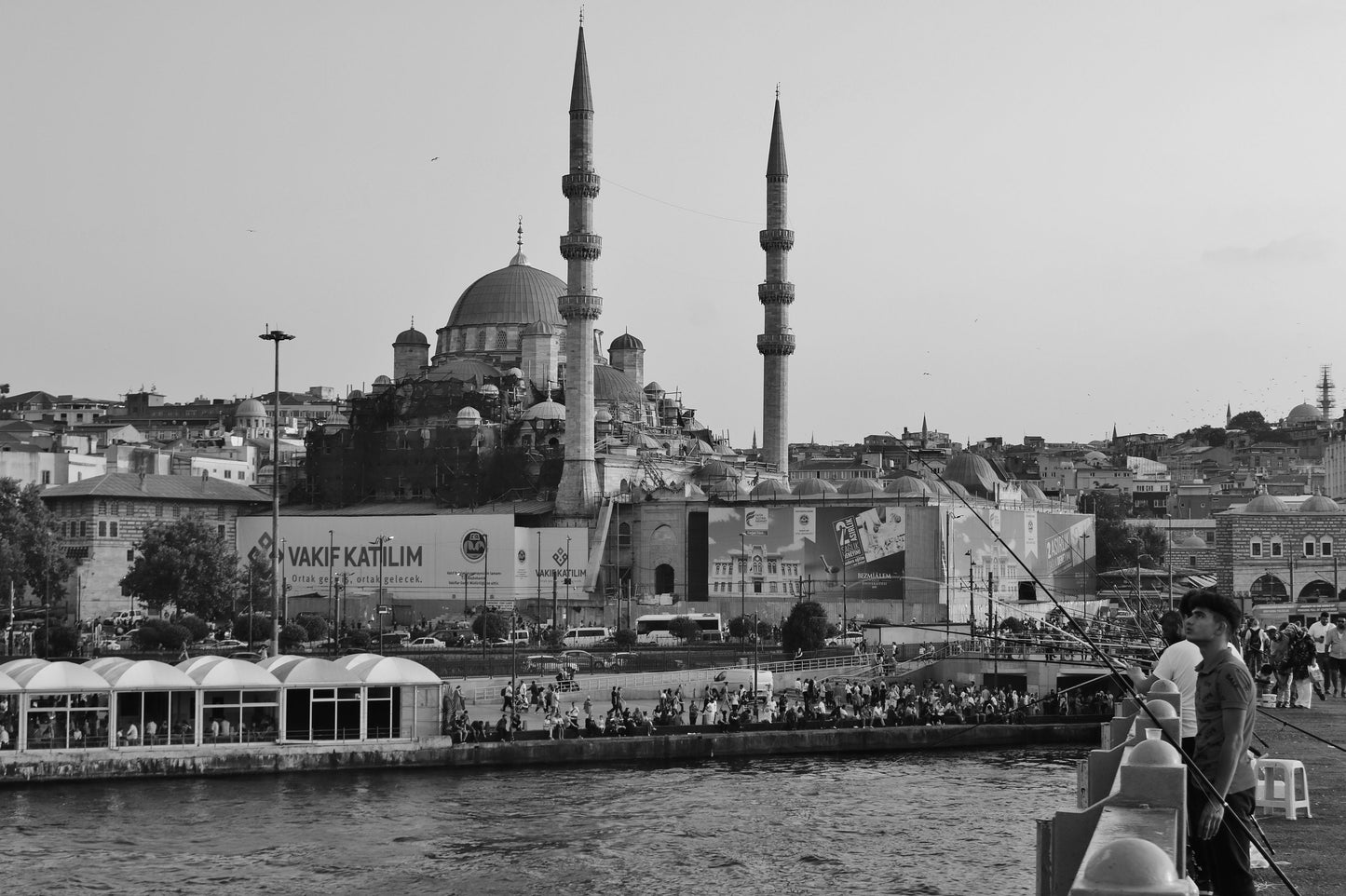 Istanbul Galata Bridge Fishing Süleymaniye Mosque Black And White Photography Print Poster