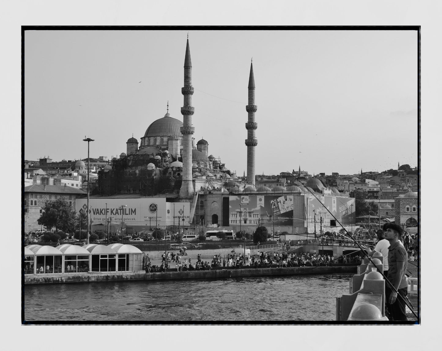 Istanbul Galata Bridge Fishing Süleymaniye Mosque Black And White Photography Print Poster