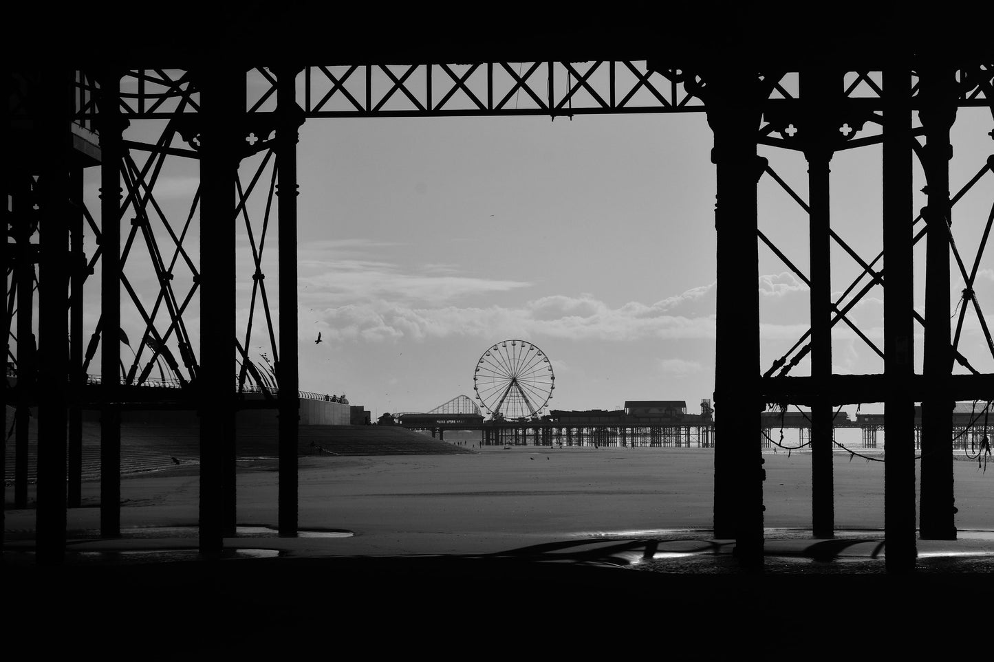 Blackpool Poster Ferris Wheel Under The Boardwalk Beach Black And White Photography