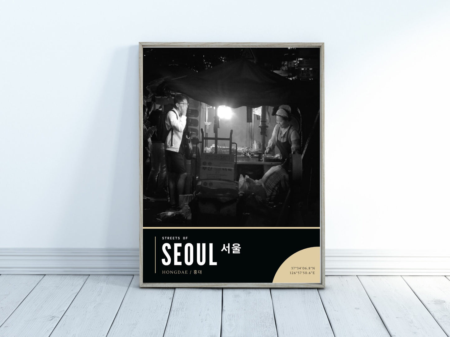 Atmospheric Seoul Street Scene, Hongdae Wall Art, Korean Food Print
