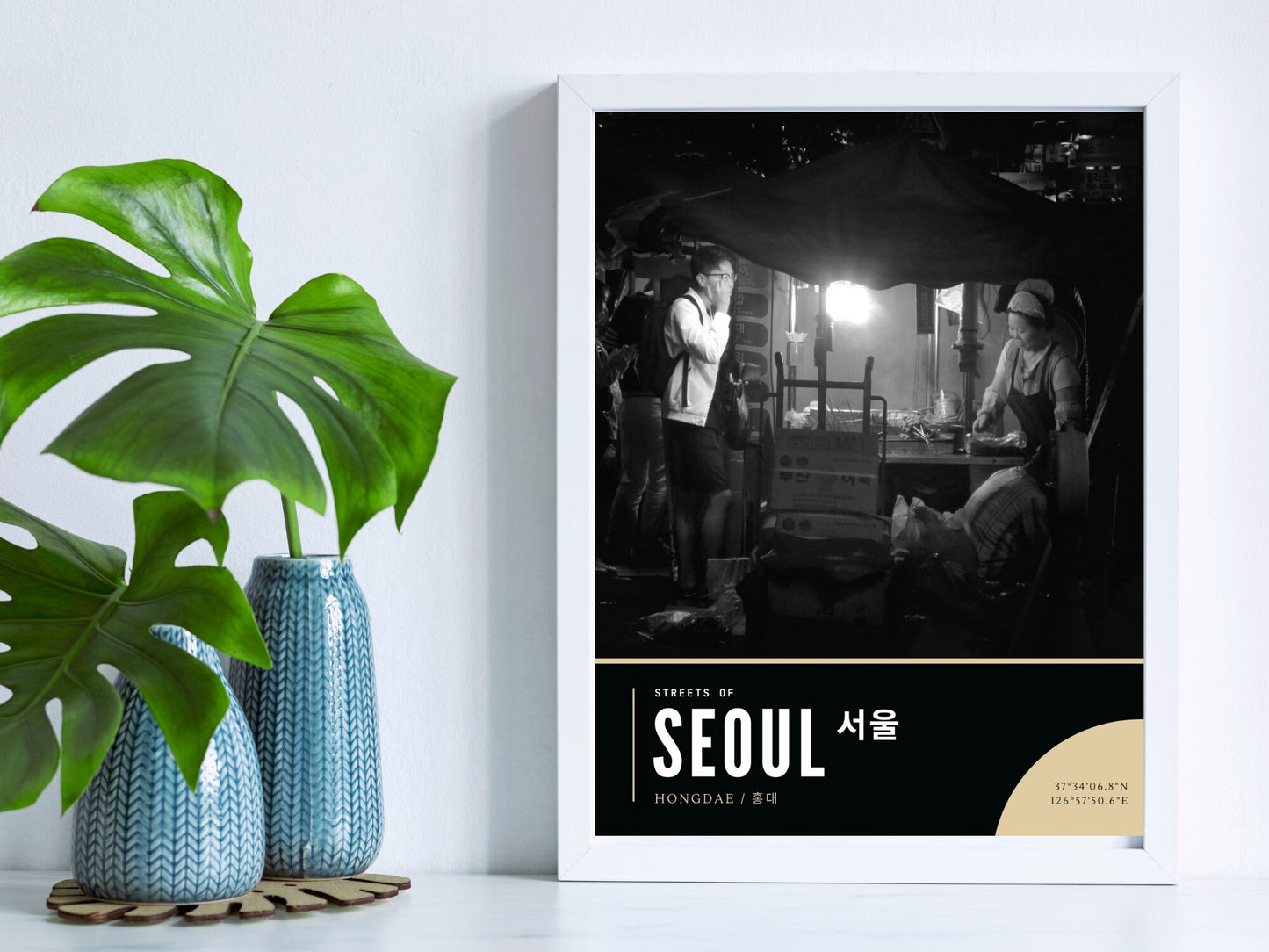 Atmospheric Seoul Street Scene, Hongdae Wall Art, Korean Food Print