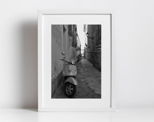 Vespa Poster Italy Street Black And White Photography Syracuse Sicily Print