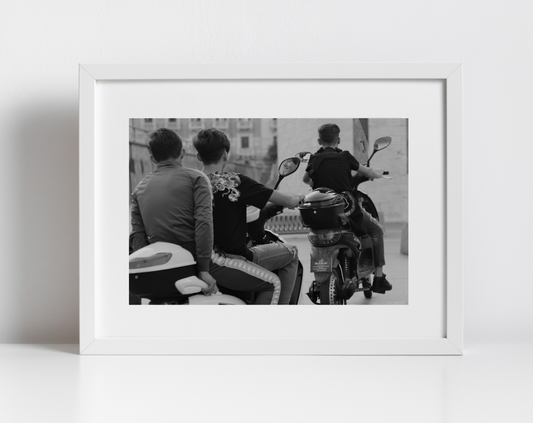 Palermo Sicily Street Black And White Photography Print Boys On Vespa Poster