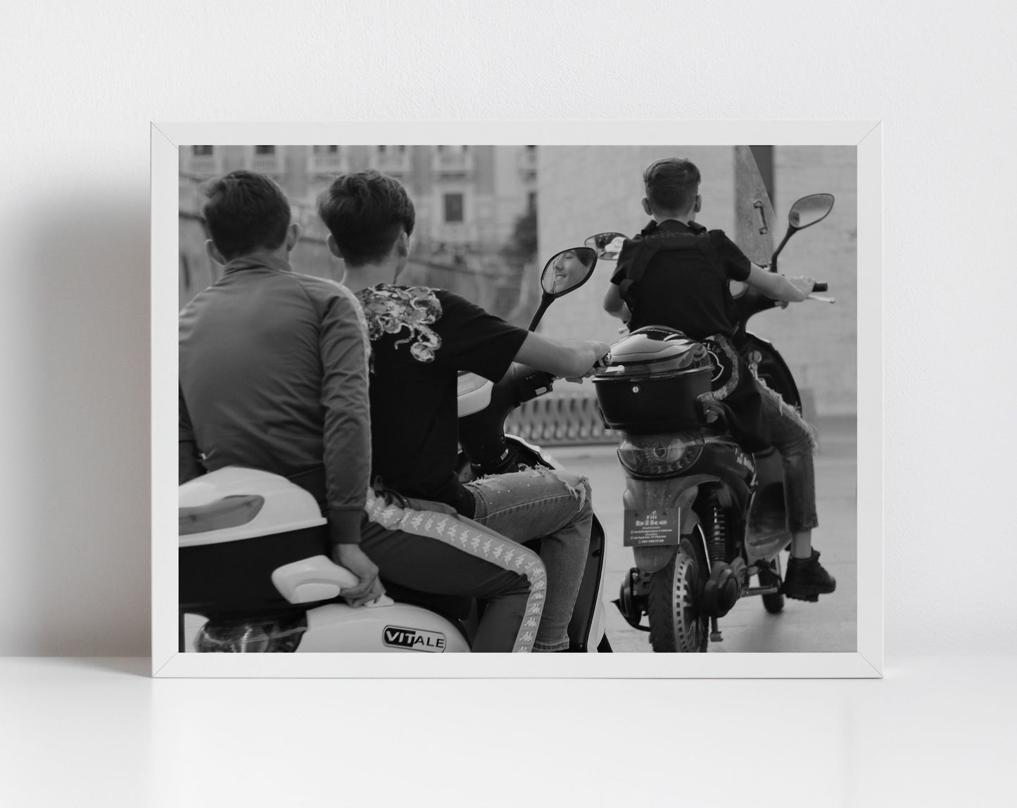 Palermo Sicily Street Black And White Photography Print Boys On Vespa Poster