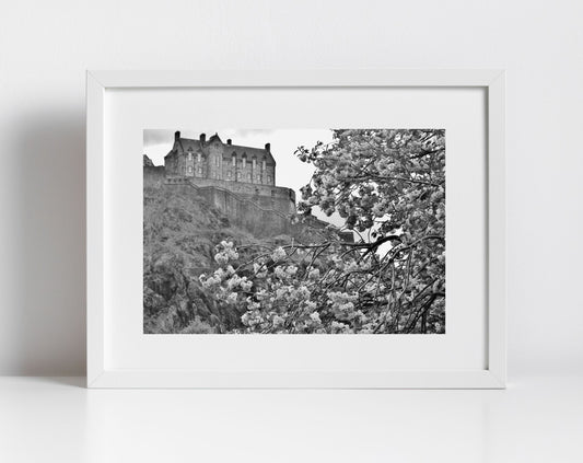 Edinburgh Castle Black And White Photography Print Cherry Blossom Wall Art