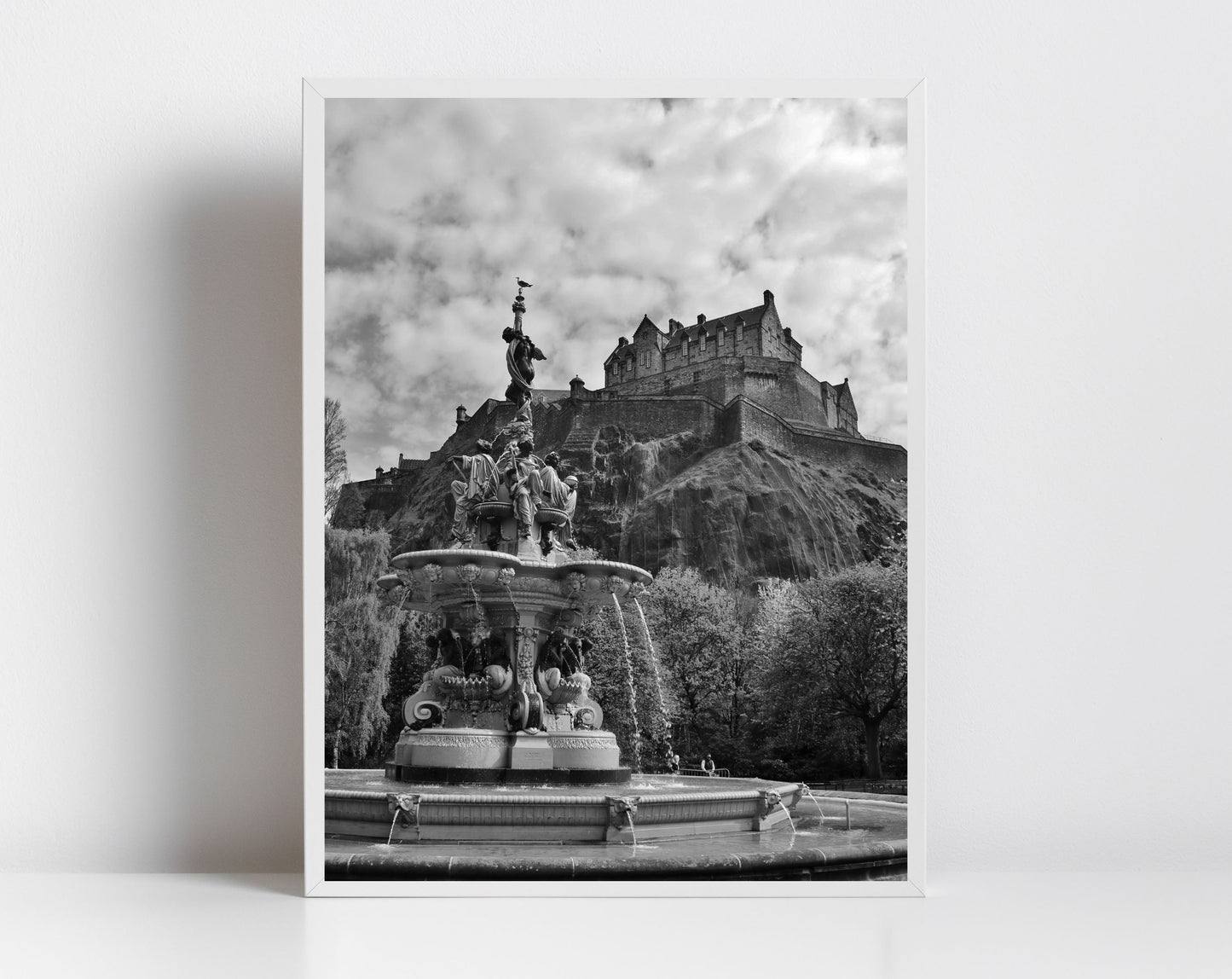 Edinburgh Castle Ross Fountain Black And White Photography Print