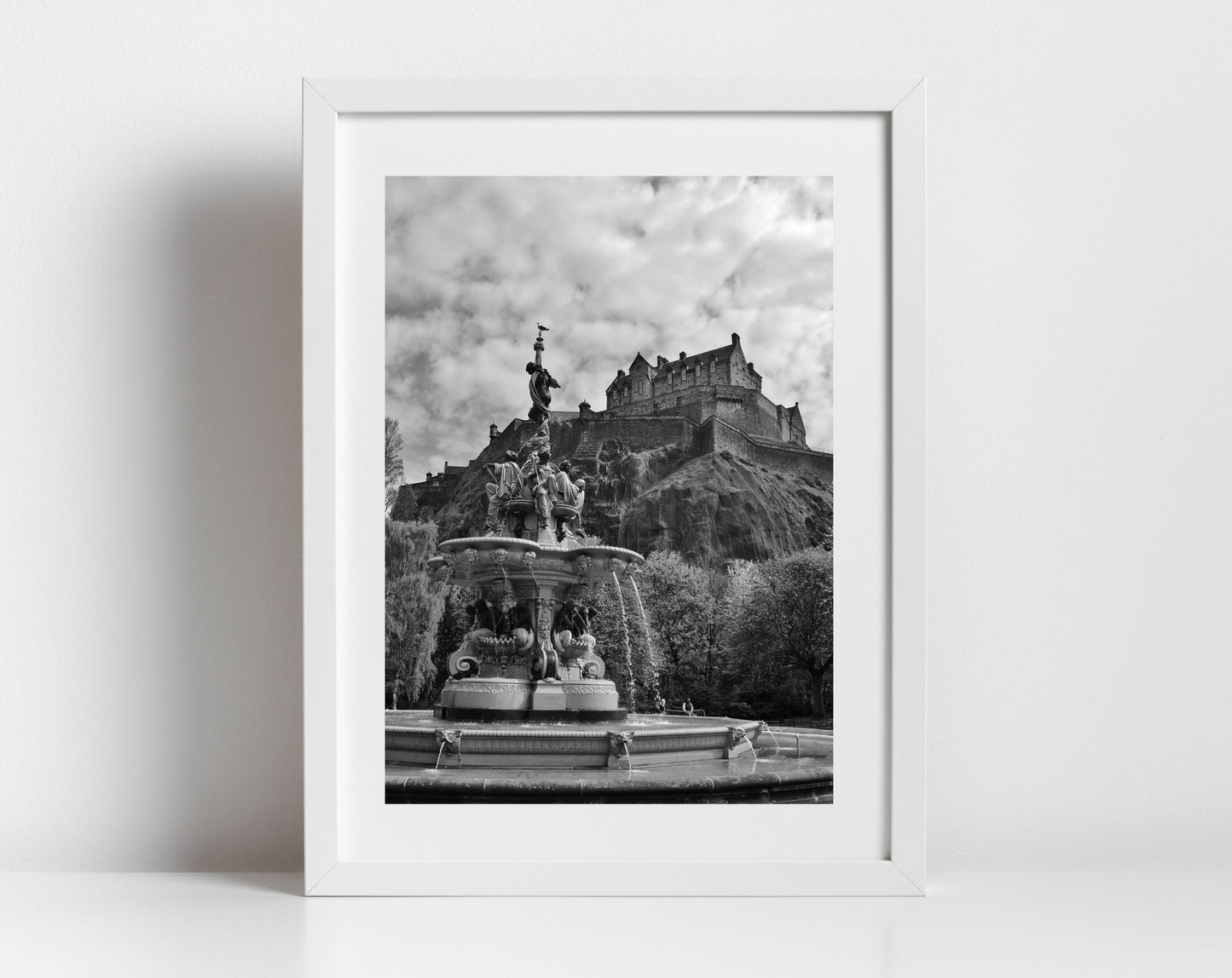 Edinburgh Castle Ross Fountain Black And White Photography Print