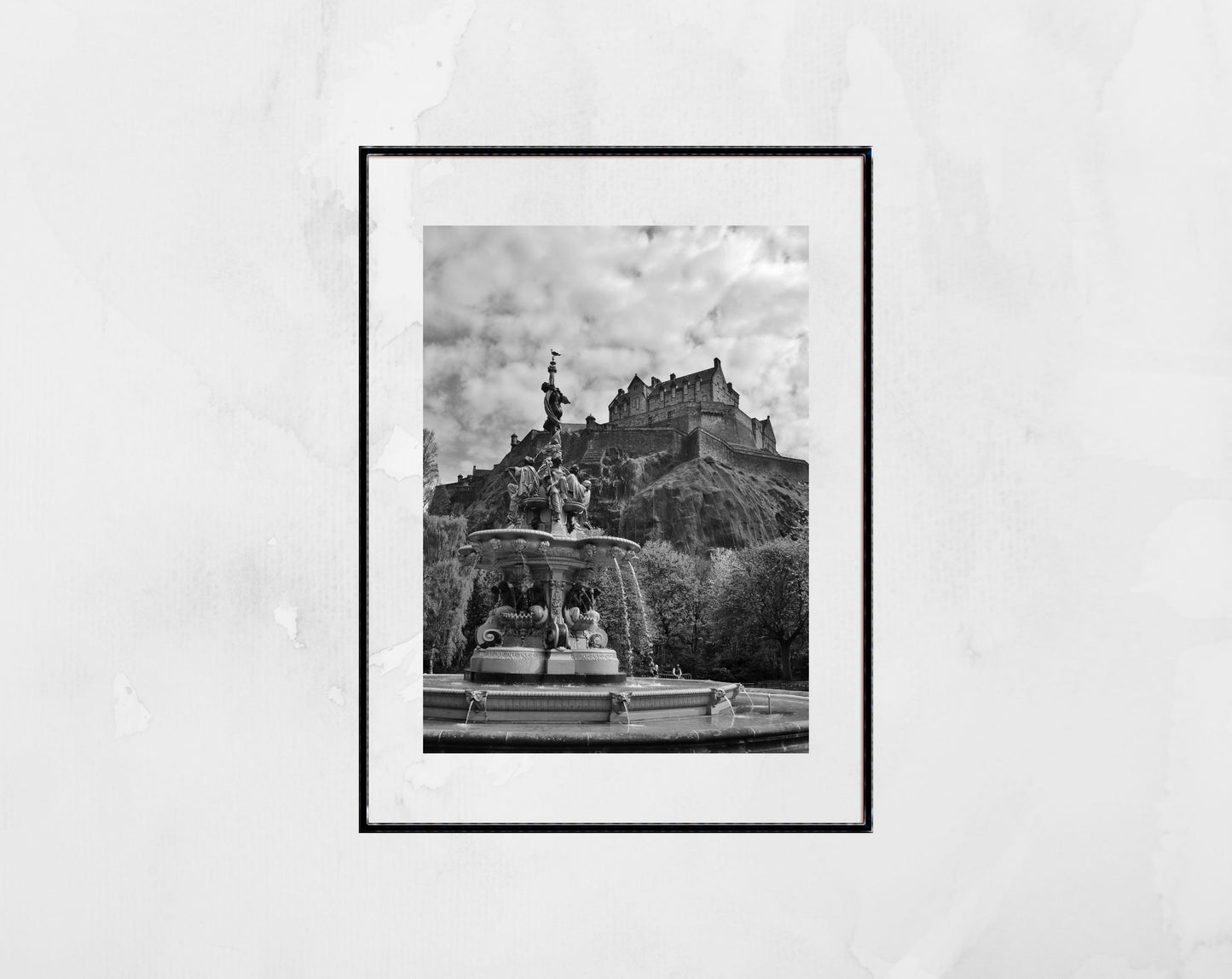 Edinburgh Castle Ross Fountain Black And White Photography Print