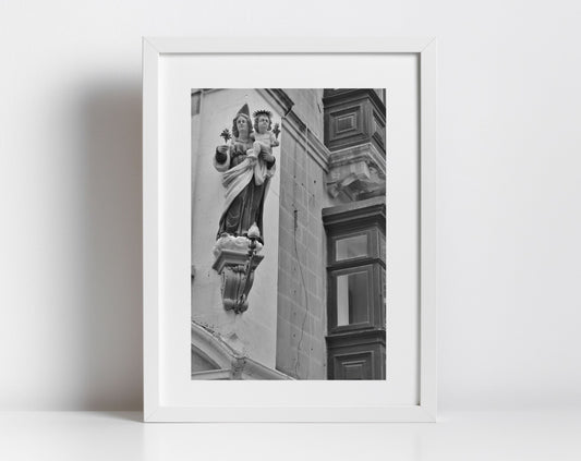 Virgin Mary With Baby Jesus Niches of Malta Black And White Print Fine Art Travel Photography (Copy)