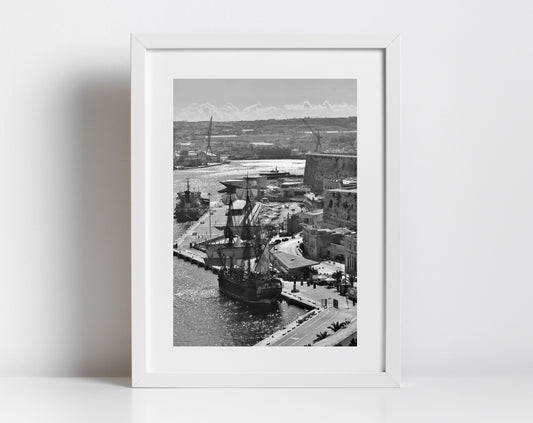 Malta Grand Harbour Black And White Photography Sailboat Print