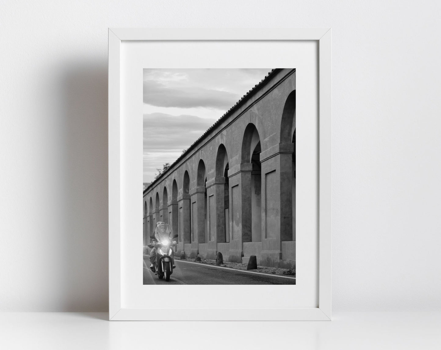 Bologna Italy Fine Art Black And White Photography Print Moped Portico di San Luca Wall Art