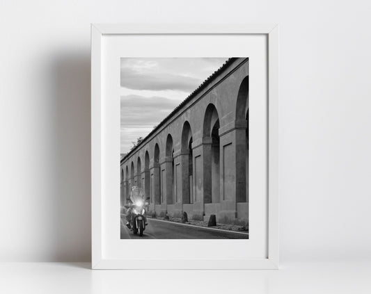 Bologna Italy Fine Art Black And White Photography Print Moped Portico di San Luca Wall Art