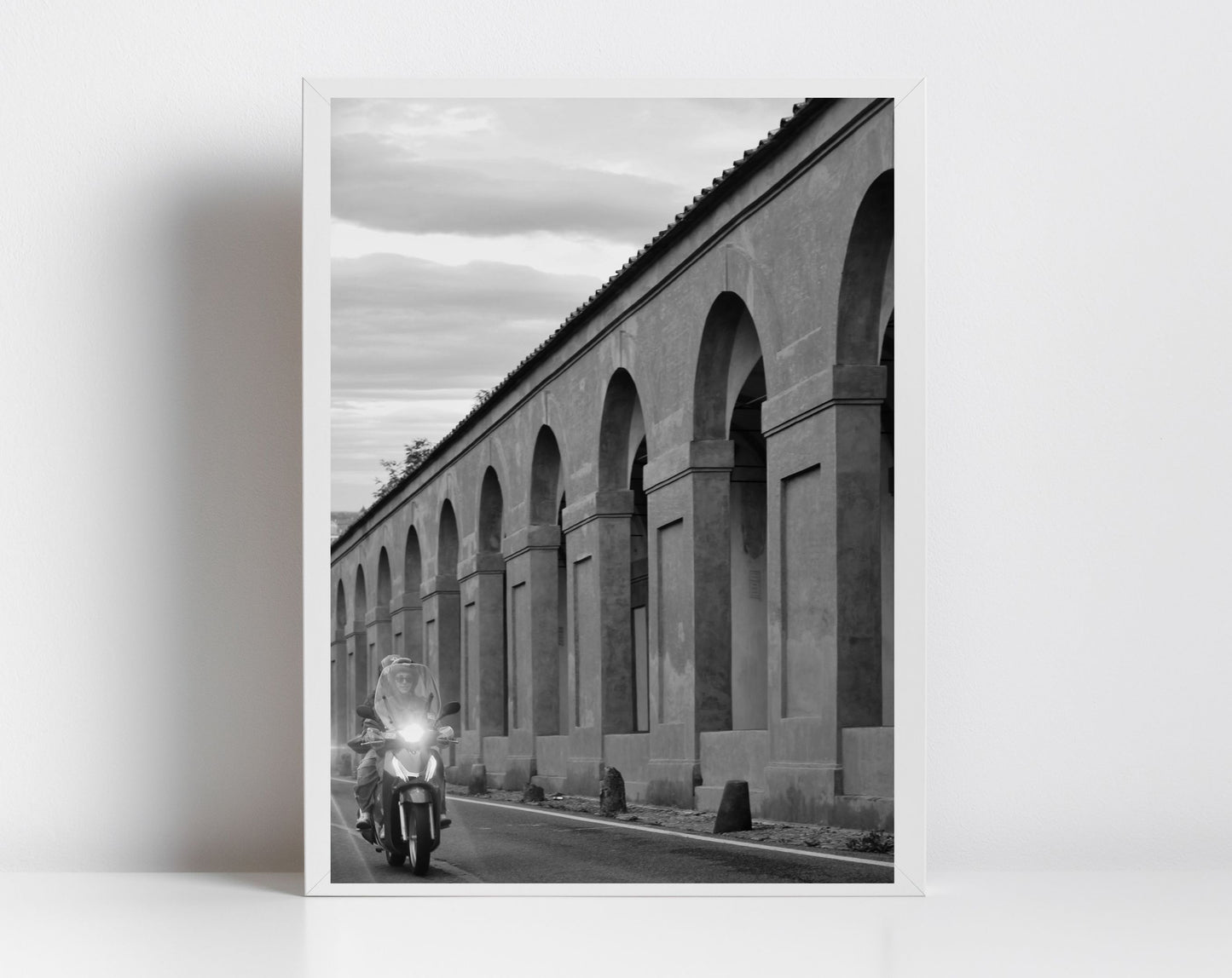 Bologna Italy Fine Art Black And White Photography Print Moped Portico di San Luca Wall Art