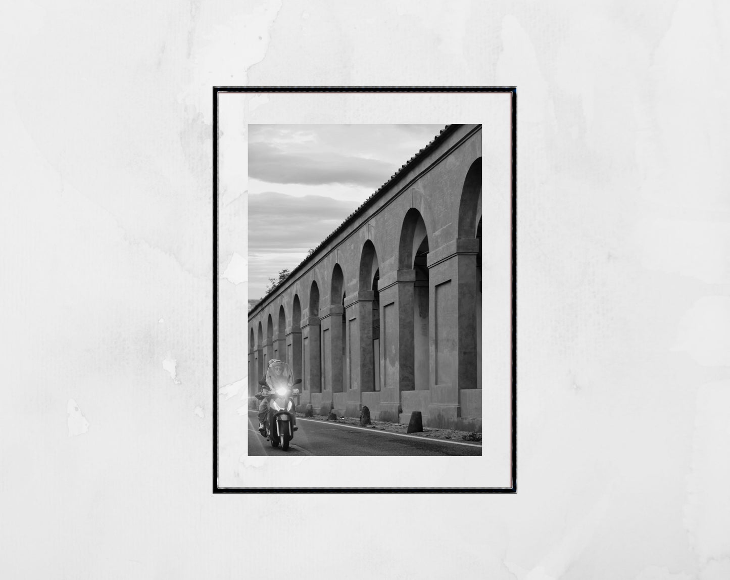 Bologna Italy Fine Art Black And White Photography Print Moped Portico di San Luca Wall Art