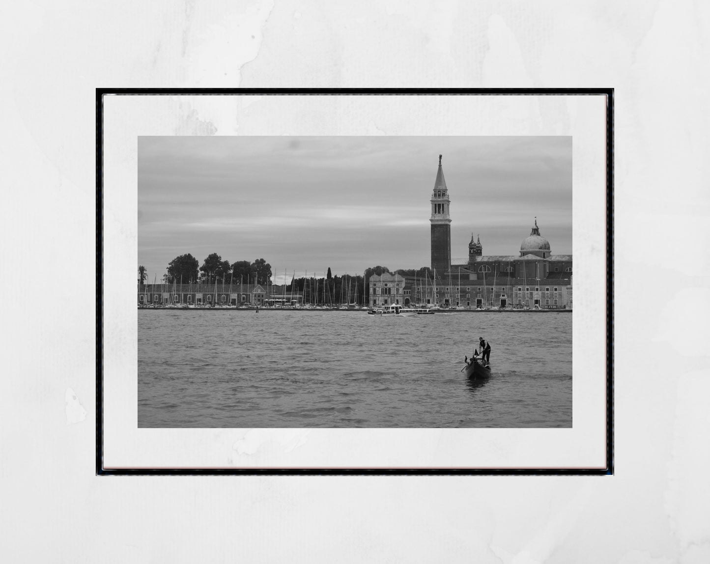Venice Italy Fine Art Black And White Photography Print: Gondola on Venetian Lagoon