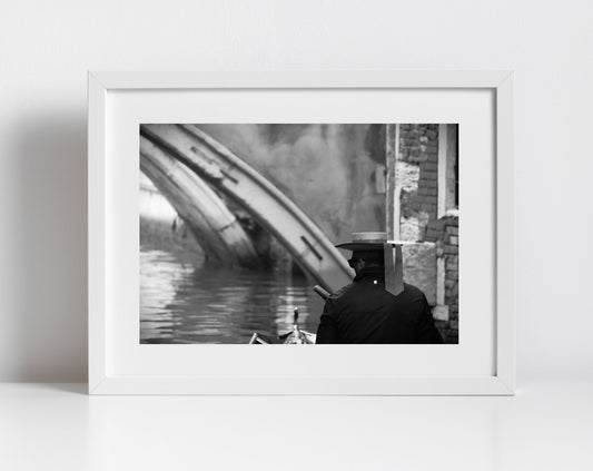 Gondolier Venice Italy Black And White Photography Print