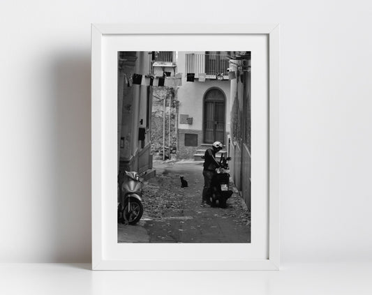 Palermo Sicily Black And White Photography Print Cat Wall Art