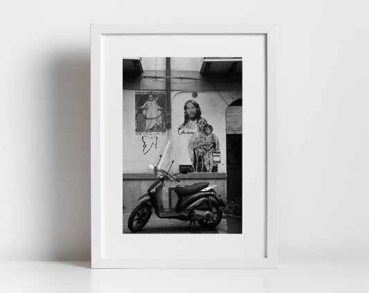 Palermo Sicily Black And White Photography Print Vespa Poster Religious Icon Wall Art