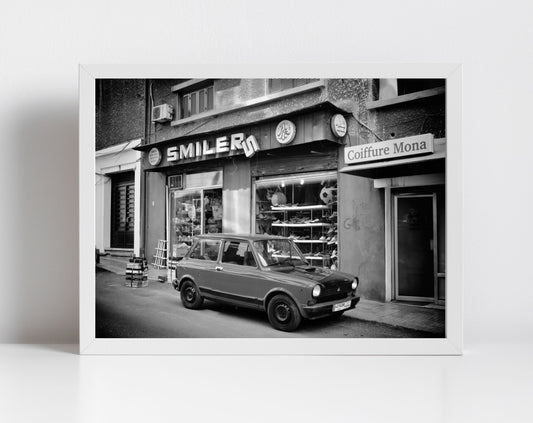 Beirut Lebanon Street Photography Print: Vintage Car Retro Signage (Black and White)