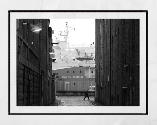 Aberdeen Harbour Ship Black And White Photography Print