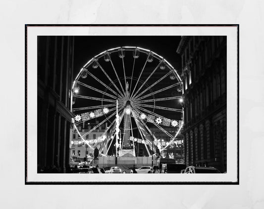 Glasgow George Square Ferris Wheel Black And White Photography Print