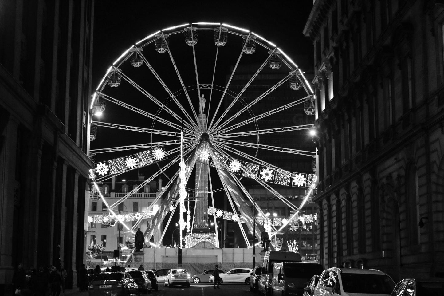 Glasgow George Square Ferris Wheel Black And White Photography Print