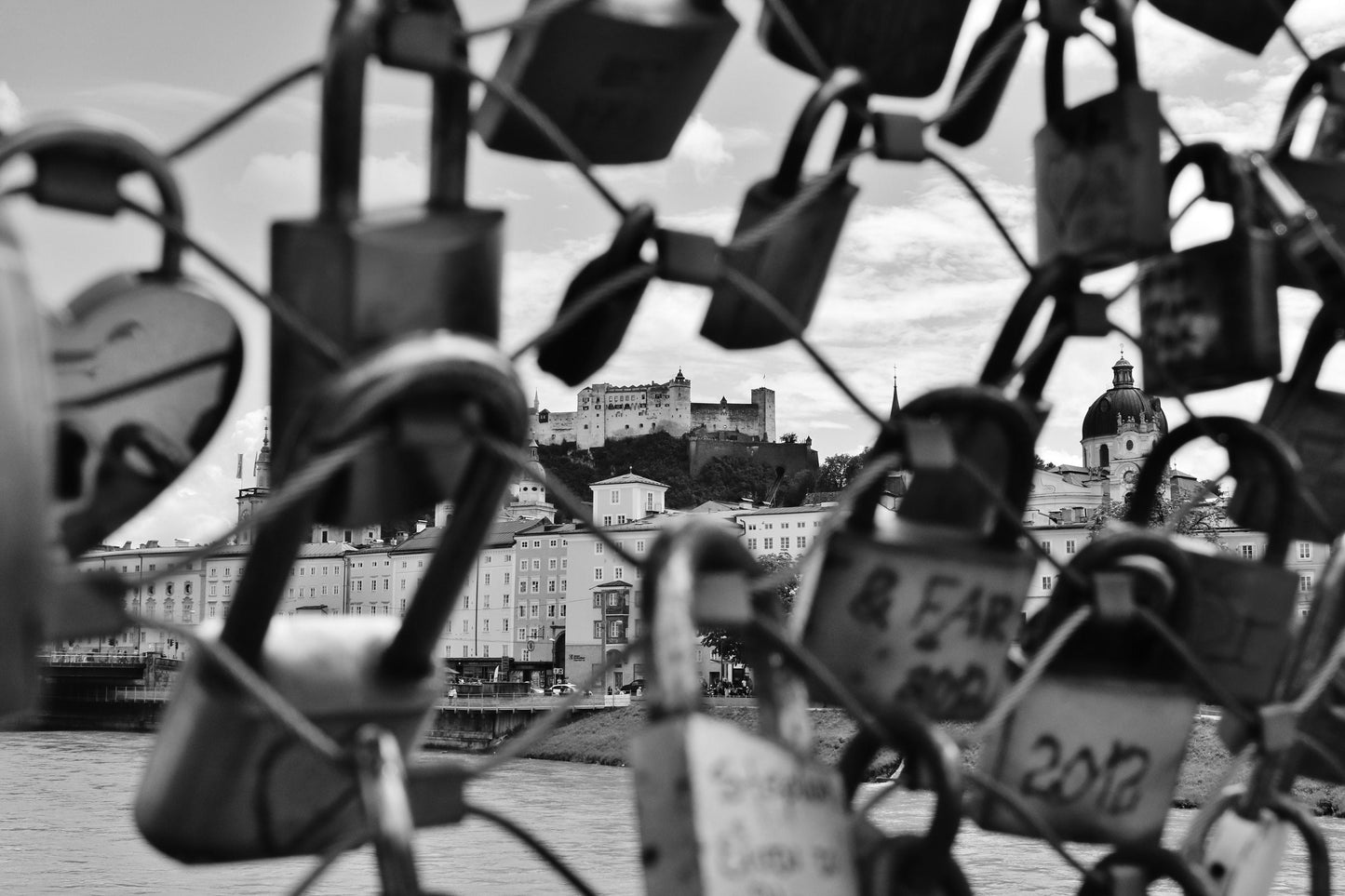 Salzburg Poster Love Lock Bridge Castle Hohensalzburg Fortress Black and White Photography Print