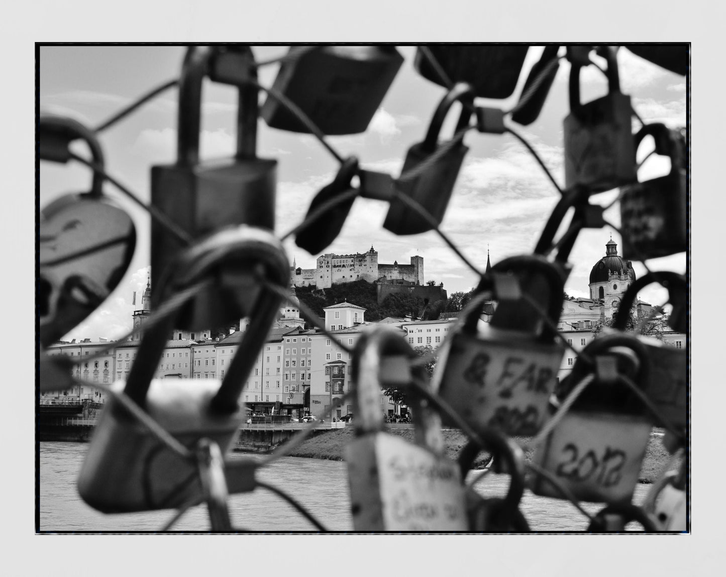 Salzburg Poster Love Lock Bridge Castle Hohensalzburg Fortress Black and White Photography Print