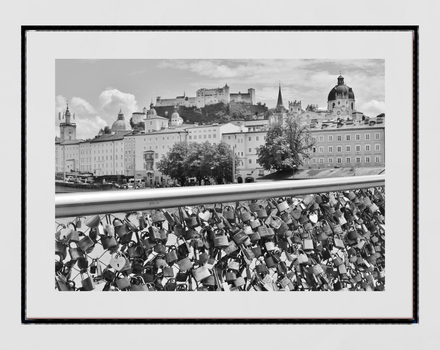 Salzburg Love Lock Bridge Hohensalzburg Fortress Black And White Photography Print