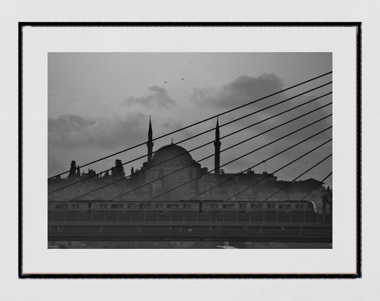 Istanbul Süleymaniye Mosque Halic Metro Bridge Black And White Photography Print Poster