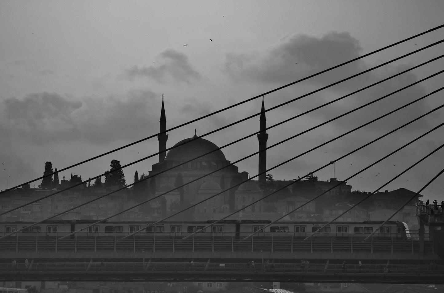 Istanbul Süleymaniye Mosque Halic Metro Bridge Black And White Photography Print Poster