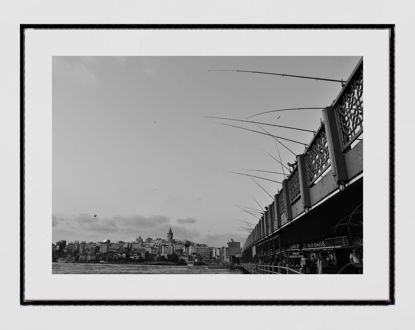 Istanbul Galata Bridge Fishing Black And White Photography Print Poster