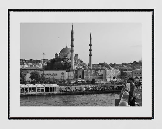 Istanbul Galata Bridge Fishing Süleymaniye Mosque Black And White Photography Print Poster