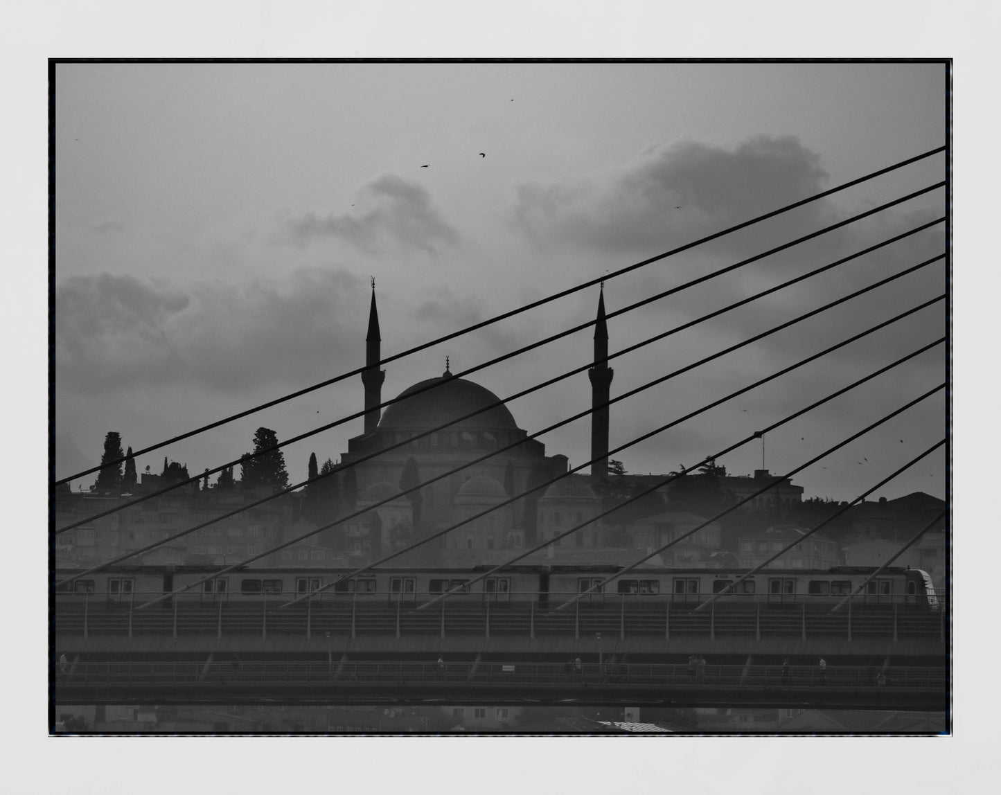 Istanbul Süleymaniye Mosque Halic Metro Bridge Black And White Photography Print Poster