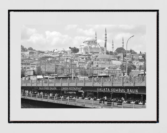 Istanbul Galata Bridge Skyline Black And White Photography Print Poster