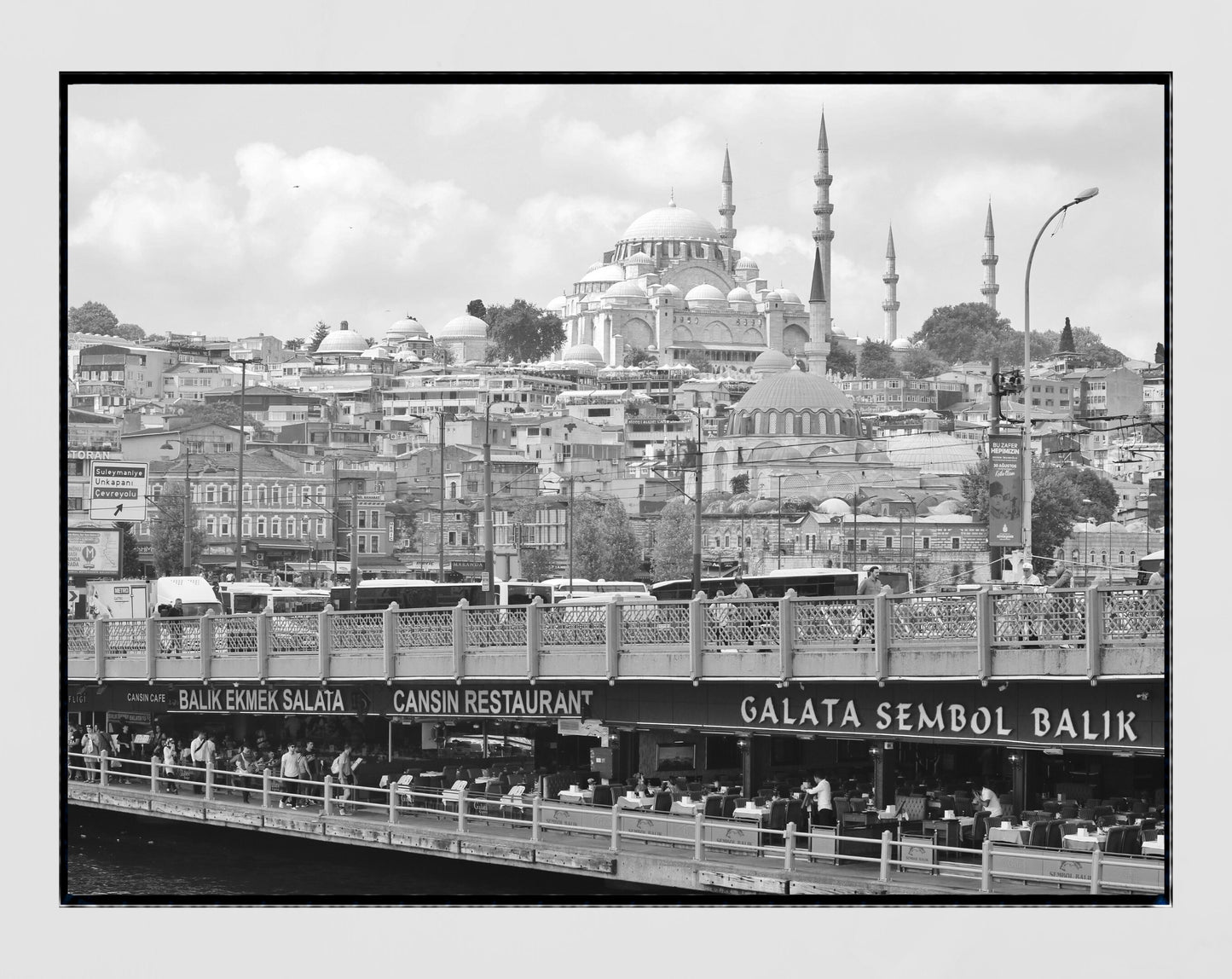 Istanbul Galata Bridge Skyline Black And White Photography Print Poster