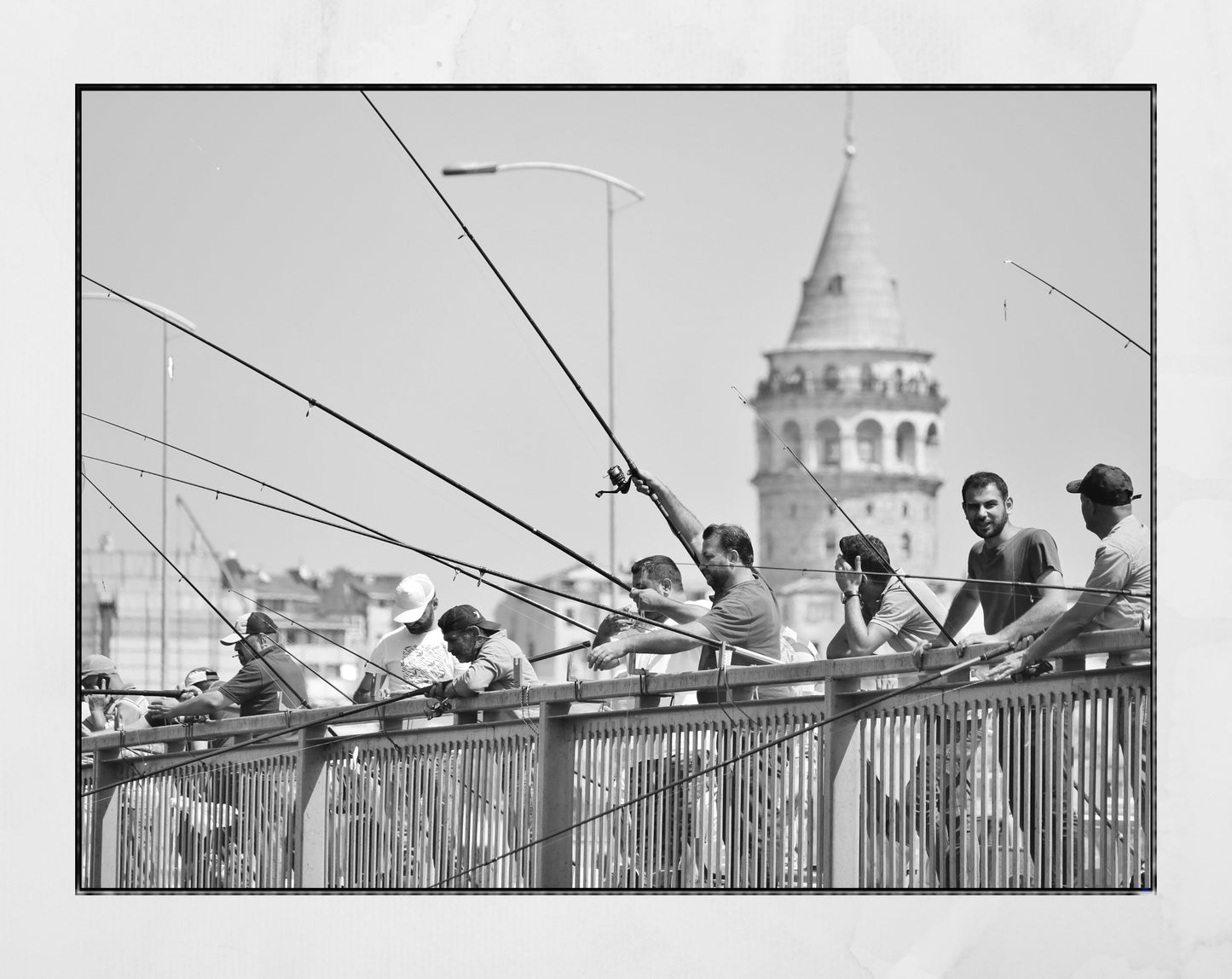 Istanbul Galata Bridge Fishing Galata Tower Black And White Photography Print Poster