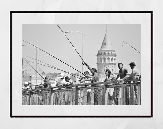 Istanbul Galata Bridge Fishing Galata Tower Black And White Photography Print Poster