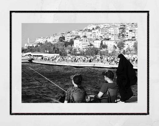 Istanbul Uskudar Fishing Black And White Photography Print Wall Art