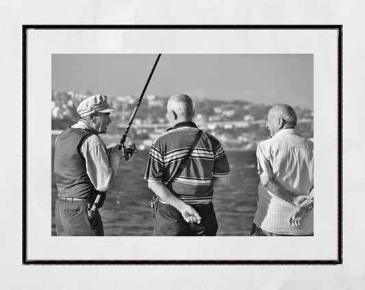 Fishing Istanbul Uskudar Black And White Photography Print Wall Art