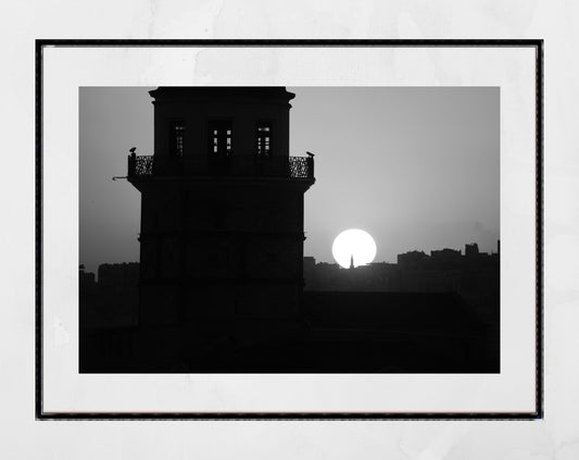 Istanbul Maiden's Tower Sunset Black And White Photography Print Poster