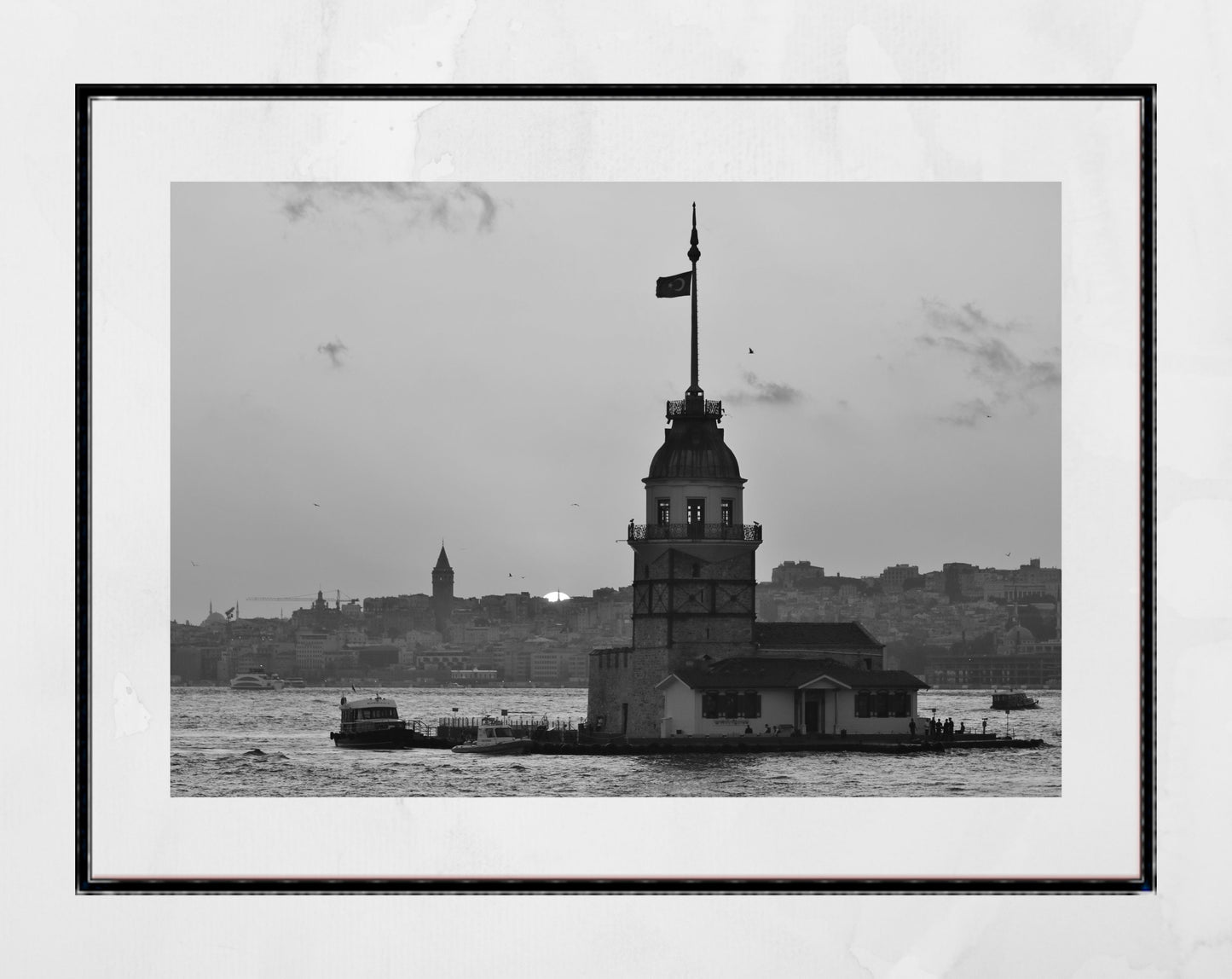 Istanbul Maiden's Tower Sunset Galata Tower Black And White Photography Print Wall Art